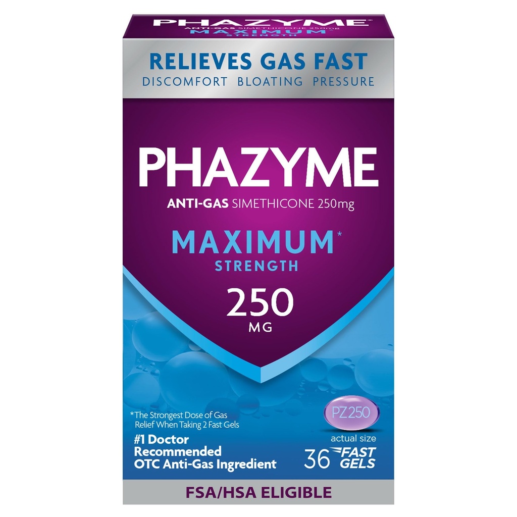 Phazyme Massima* Resistenza Anti-Gas 250 mg Rilievo di gas Simethicone per adulti, Gel Veloce Facili Bloating, Pressione & Discomfort, 36 Conte