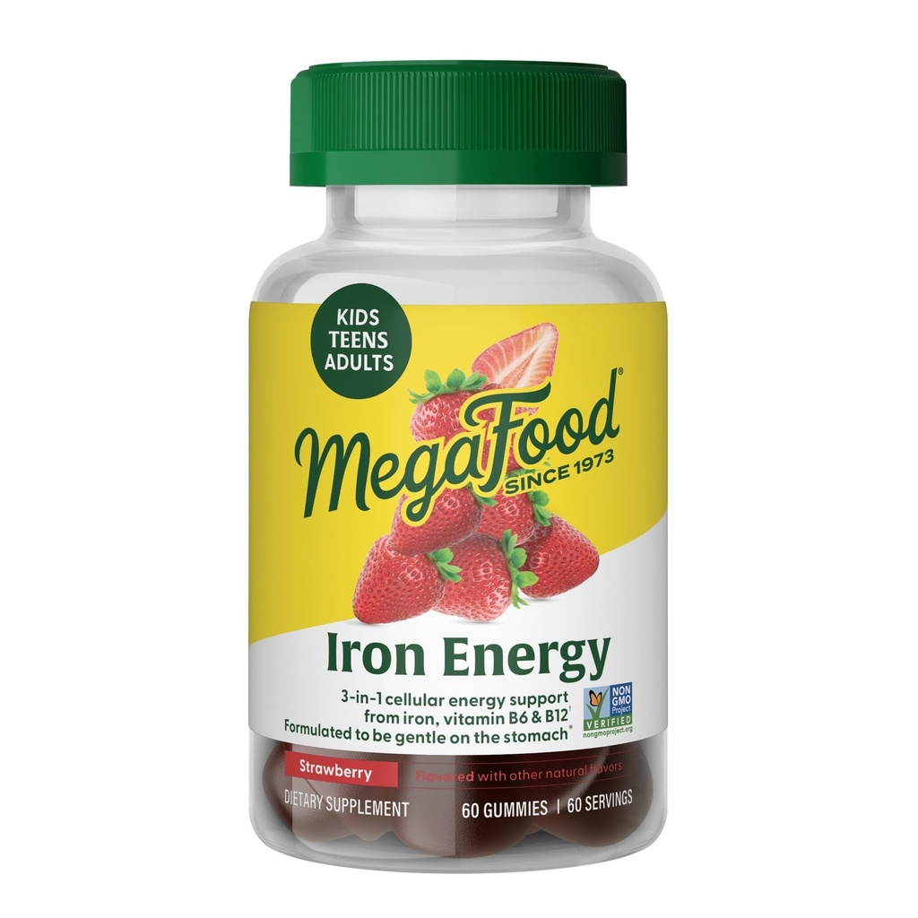 Megafood Iron Energy Gummies, Supplemento di ferro per le donne, uomini, adolescenti e bambini con vitamina B12 & B6, vitamine, da The Makers of Blood Builder Supplement, Strawberry Flavor, 60 Conte