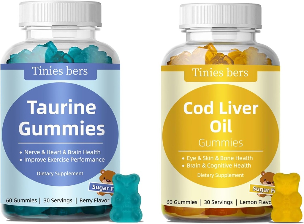 Taurine Gummies 1000mg, Cod Liver Oil Gummies 1000mg, Sugar Free for Adults and Kids, Aminoacidi, Omega-3s & Vitamin A&D per la Cognitiva, Heart & Eye Health, Boost Immune