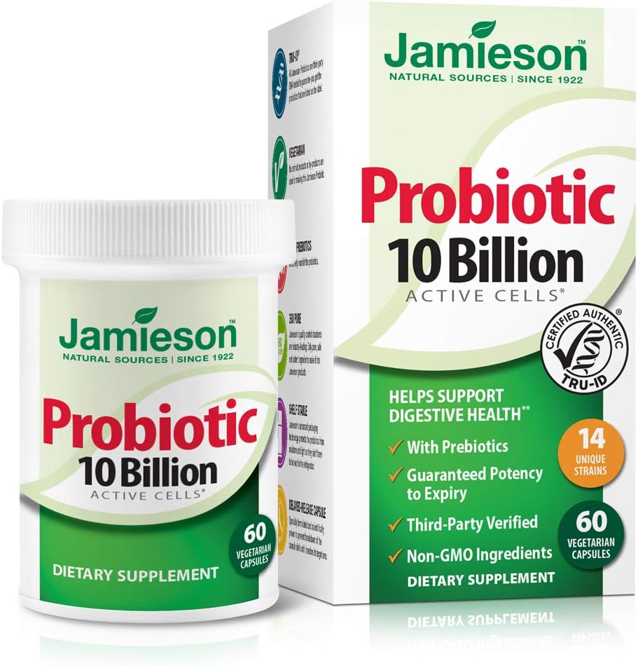Jamieson Probiotics 10 miliardi - Supplemento probiotico giornaliero per la digestione, Restore Gut Health e Supporto del sistema immunitario - Probiotici per le donne e gli uomini (60 conteggio).