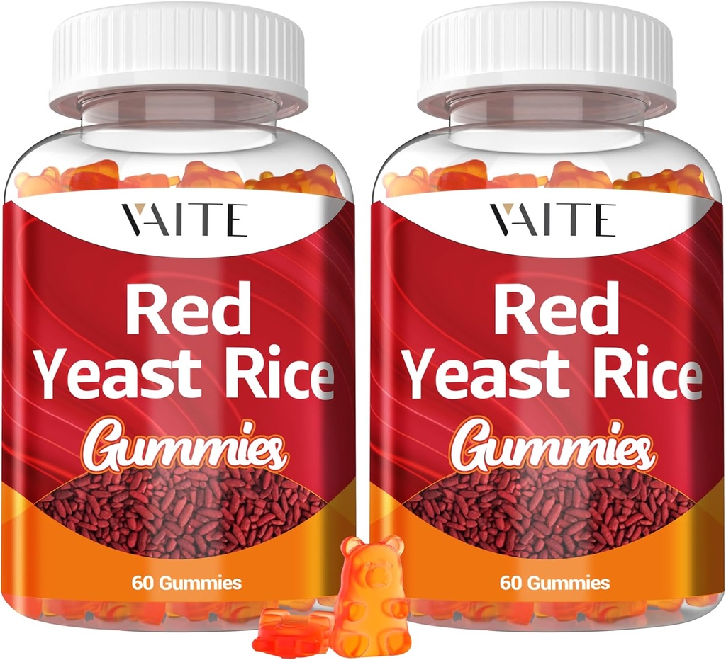 VAITE Riso di lievito rosso con coq10 Gummies - 1200 mg RYR Synergy Integratore organico con Coenzyme Q10 Monacolin K, Non-GMO & Citrinin Free Herbal Vegetarian Gummy Chews 60 Conte (2 Confezione)