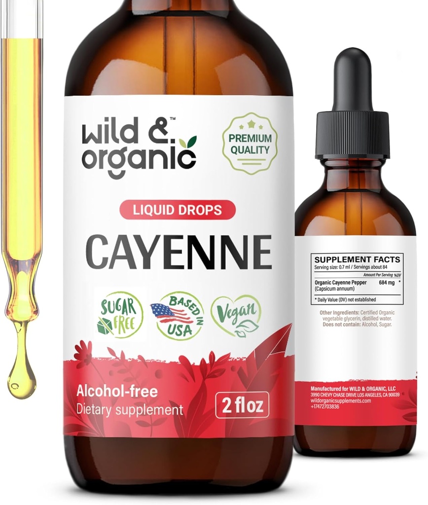 Wild & Organic Cayenne Pepper Tincture - Integratori Capsaicina per Supporto Digestivo - Cayenne Pepper Extract Liquid - Vegan, Gocce Alcol-Free - 2 fl oz