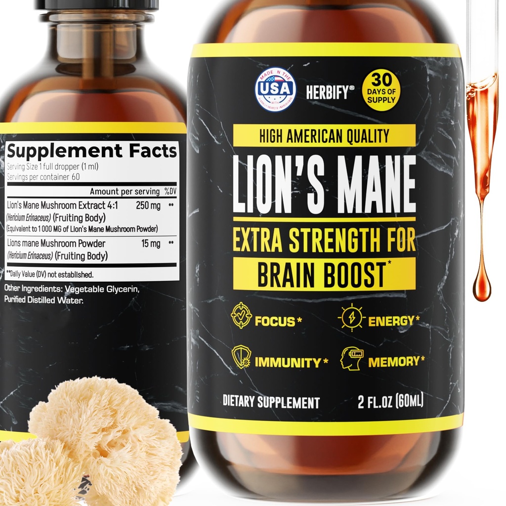 HERBIFY Lions Mane Supplemento - Daily Mushroom Supplement per Memoria, Focus & Clarity - Brain Booster - Lions Mane Tincture for Immune Support - 2 Fl oz