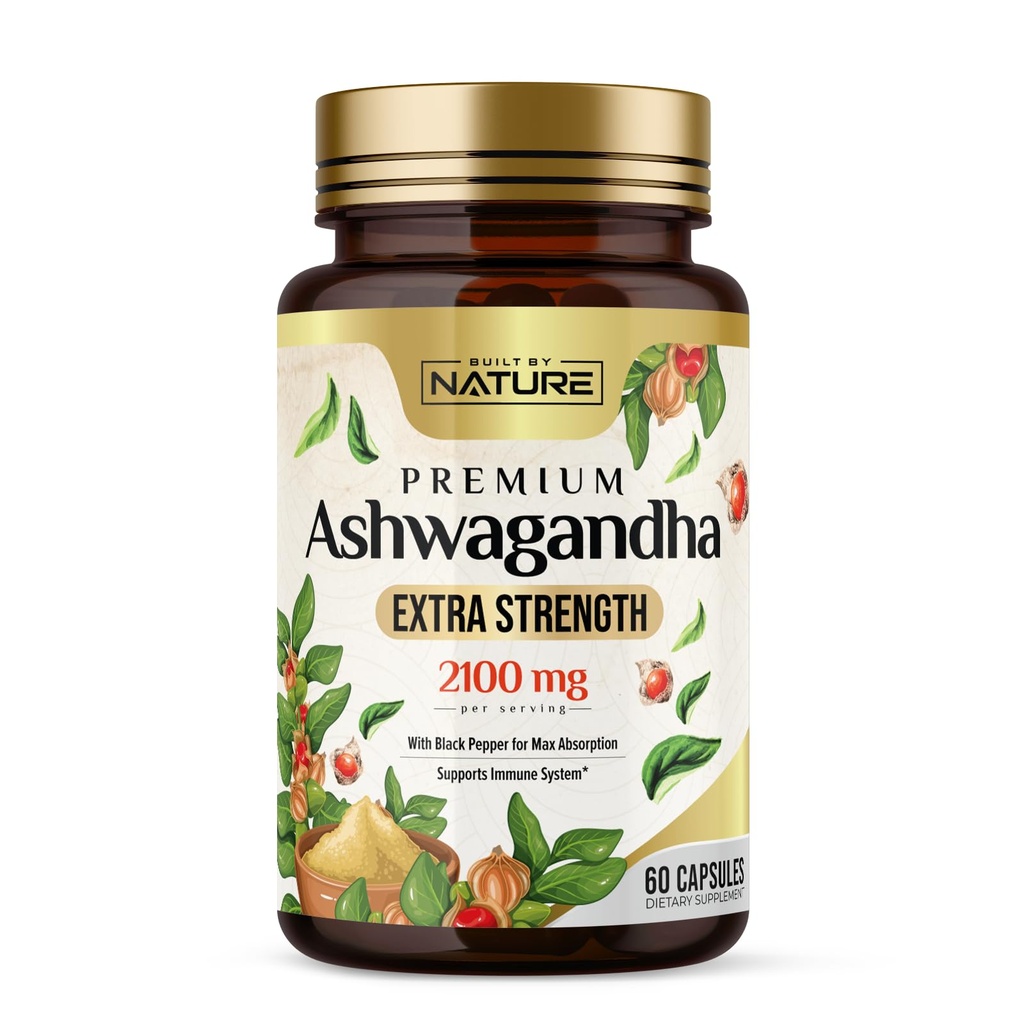 Costruito da Nature Ashwagandha 2100mg Extra Strength Stress Relief & Mood Support with Black Pepper Extract for Max Absorption - Non-GMO, Vegan, Gluten-Free - 60 Capsule