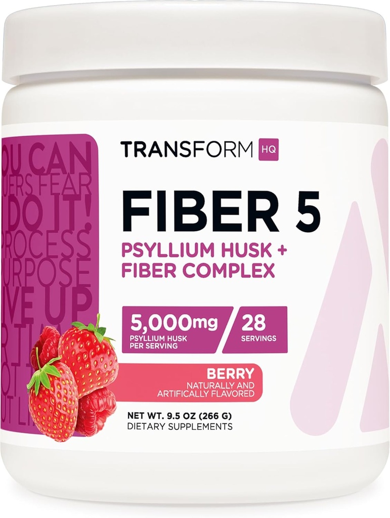 TransformHQ Fiber 5 Psyllium Husk Complex Powder (Berry Flavor) (28 Serve) - 5.000mg Psyllium Husk per Serving - Salute Digestiva, Supplemento naturale, Soluble Plant Fiber Blend