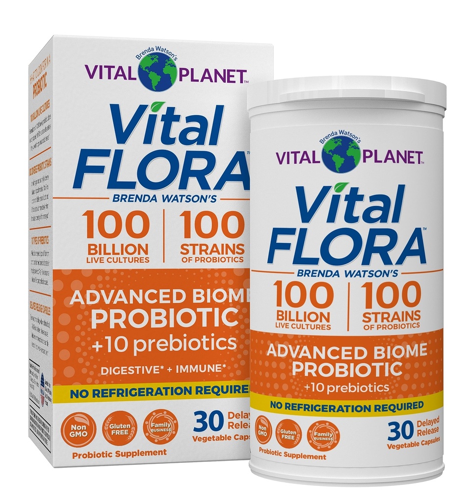 Vital Planet - Vital Flora Advanced Probiotic 100 miliardi di CFU, 100 Strains Diverse, 10 Prebiotici Organici, Supporto Immune, Probiotici Stabili Digestivi per Donne e Uomini 30 Capsule