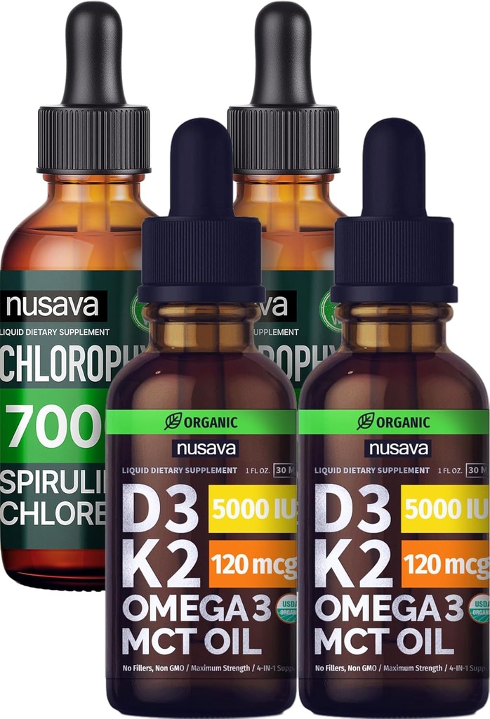NUSAVA non aromatizzato D3 K2 gocce e clorofilla liquido gocce Bundle - Potenti vitamine liquide per cuore, giunto, energia, & supporto immunitario - Non OGM, senza glutine, 2pk Ogni
