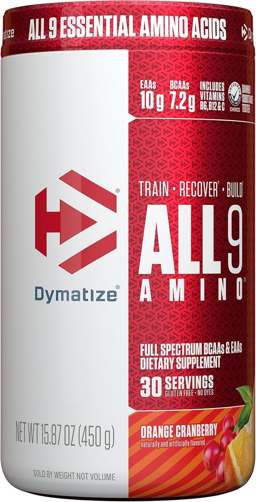 Dymatize All9 Amino, 7.2g di BCAA, 10g di aminoacidi essenziali dello spettro completo che servono per il recupero e la sintesi proteica del muscolo ottimale, mirtillo arancione, 30 Serve, 15.87 oncia