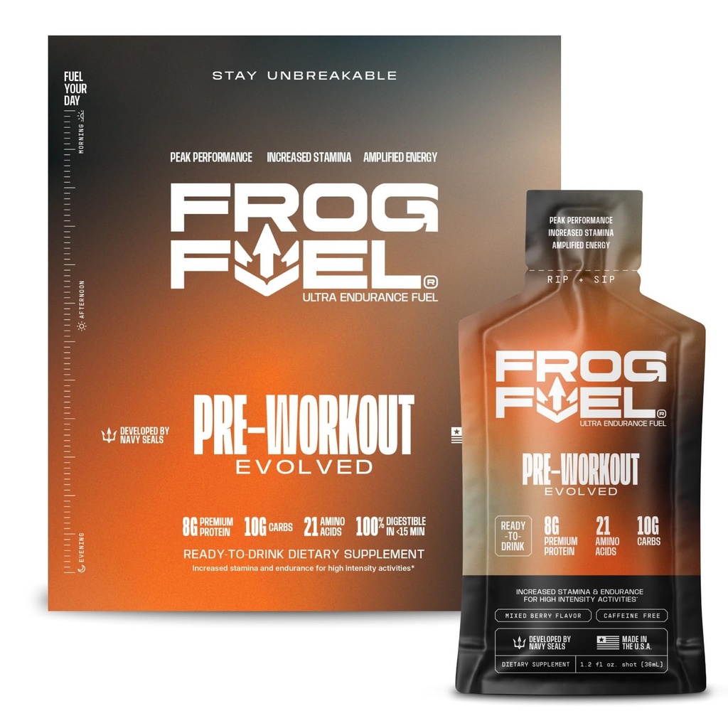 Frog Fuel Ultra Energy Gel & Pre Workout Shot con 1500mg Beta Alanina, Electrolytes 8g Protein Nano-Hydrolyzed Grass Fed Collagen, 10g Carbs, Gluten Free, Fat Free, Berry, 1,2 oz Packets, 24 Pack