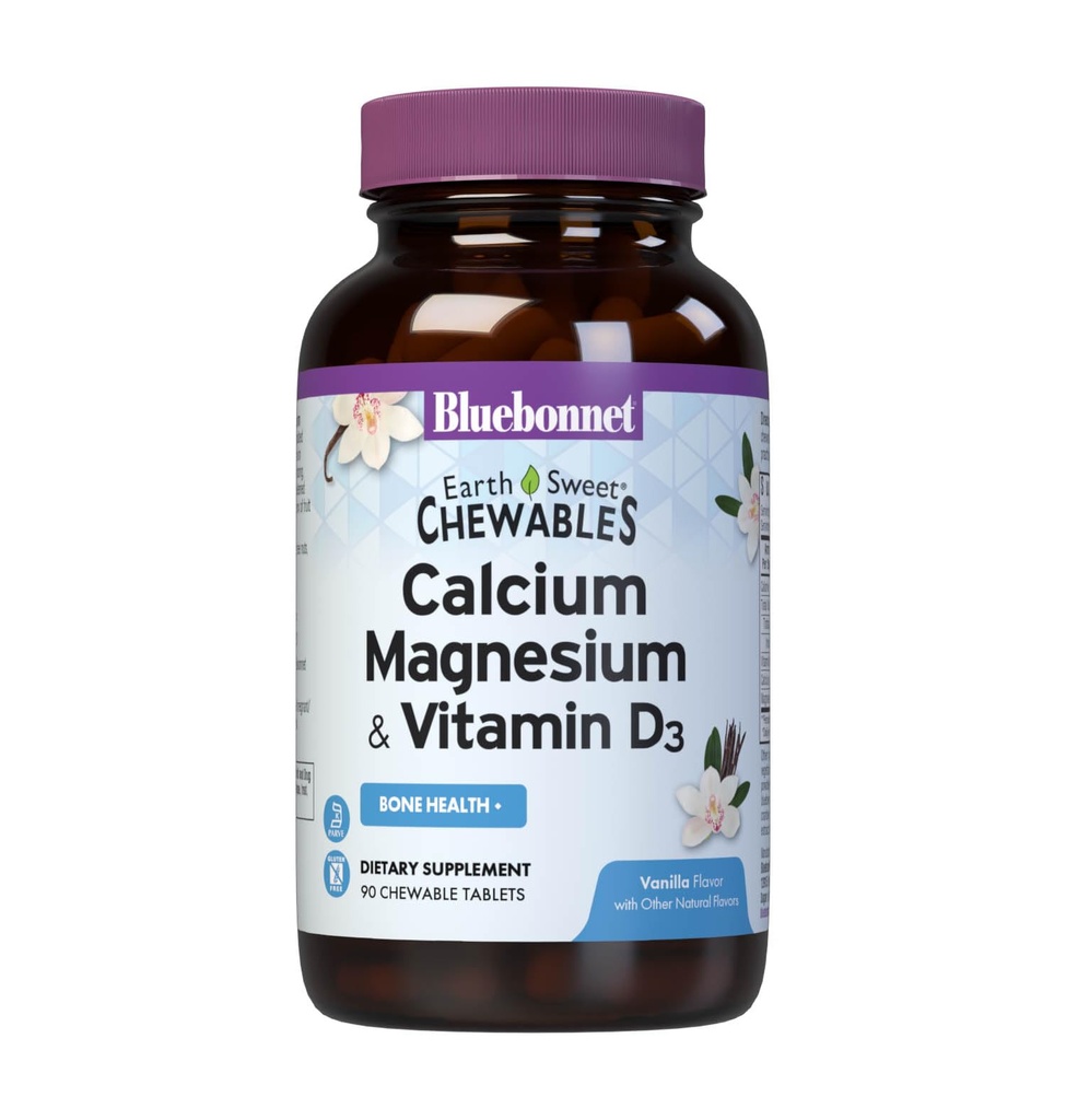 Bluebonnet Nutrition Calcium Magnesium Plus Vitamina D3 Earthsweet, Bone Health & Muscle Relax, Soy-Free, Gluten-Free, Kosher Certified, Dairy-Free, 90 compresse aromatizzate alla vaniglia