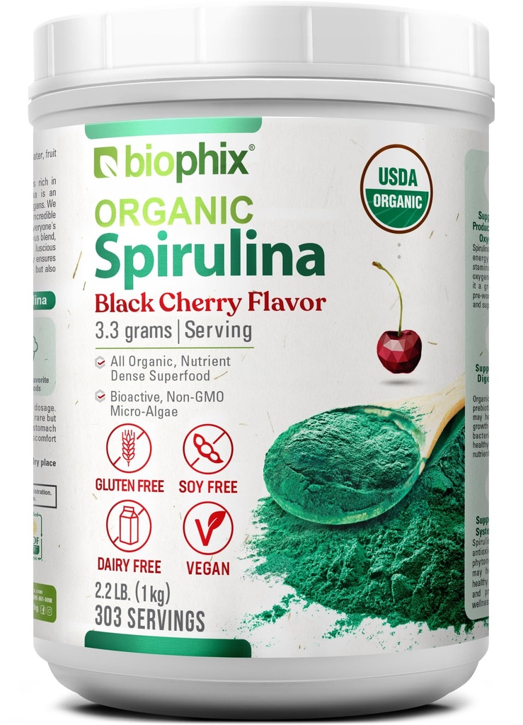 biophix Organic Spirulina Powder 2.2 lb Black Cherry Flavor - Protein-Rich Nutrient-Dense Superfood - Potente Antiossidante - Supporta la salute immunitaria