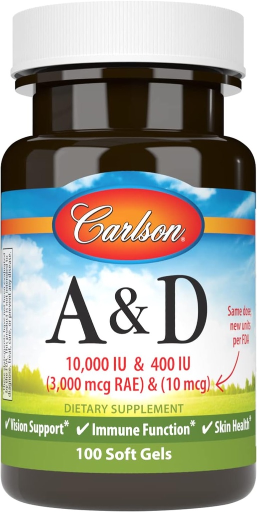 Carlson - A & D, 10000 IU (3000 mcg RAE) Vitamina A, 400 IU (10 mcg) Vitamina D3, Vision Support, Skin Health, 100 Soft Gel