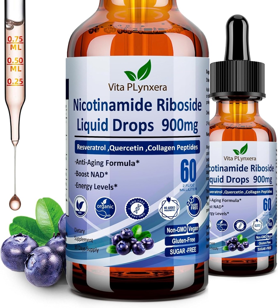 NAD Integratori per Donne & Uomini, NAD Nicotinamide Riboside Resveratrolo 900mg & Quercetina, Niacina, Collagene, Biotina, Liquid NAD Plus Supplemento NR900 Per Anti-invecchiamento Pelle Energia Longevità Focus Cervello