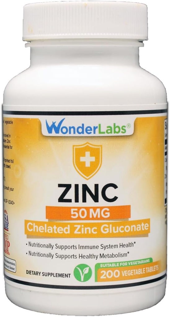 Wonder Laboratories Chelated Zinc Gluconate 50 mg - Supporta pelle sana, sistema immunitario, crescita cellulare e altro - 200 compresse vegetariane