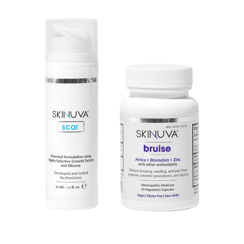 Skinuva® Scar (1.7 oz) & Bruise (14 capsule) - Crema Silicone avanzata formulata con Fattori di Crescita & Bruise Remedy omeopatico Formulato con Arnica, Bromelain & Zinc