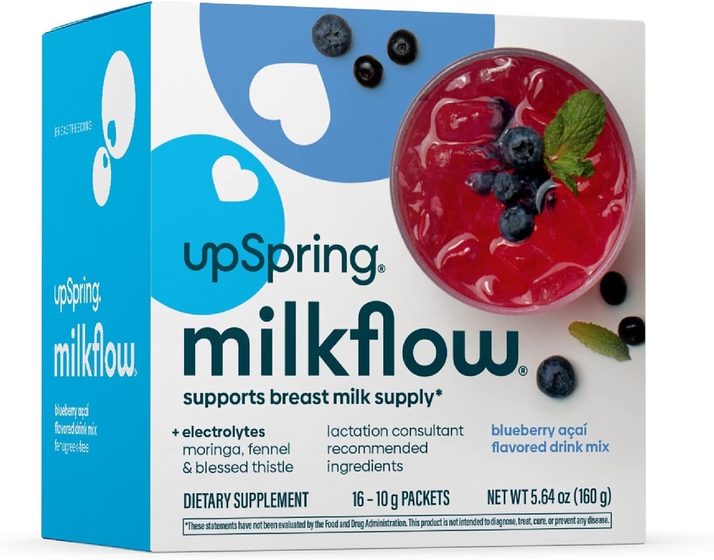 UpSpring Milkflow Electrolyte Breastfeeding Supplement Drink Fenugreek-Free, Moringa & Blueberry Acai Flavor, Lattazione supplemento per sostenere la fornitura di latte materno e ripristinare gli elettroliti, 16 miscele