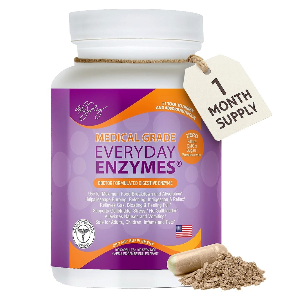 Dr. Liz Cruz Everyday ENZYMES - Supplemento digestione, Integratori alimentari, Super enzimi medici-classici, Bloating, Gas e Risoluzioni Risoluzioni per donne, uomini, & bambini Non OGM, 100 capsule vegetali