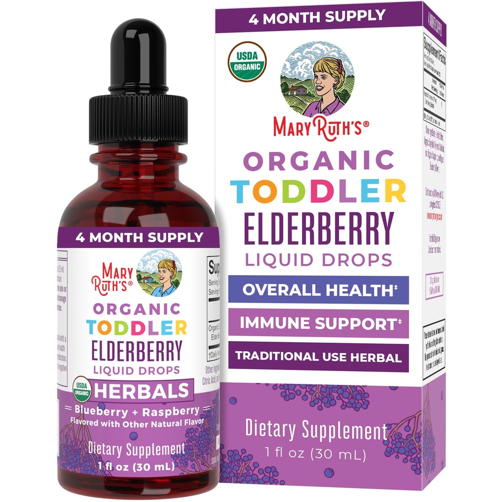 MaryRuth Organics Toddler Elderberry Syrup, USDA Organic Elderberry, Sugar Free Kids Support Supplemento per età 1-3 anni, Clean Label Project Verified®, Vegan, Non-GMO, Gluten Free, 1 Fl Oz