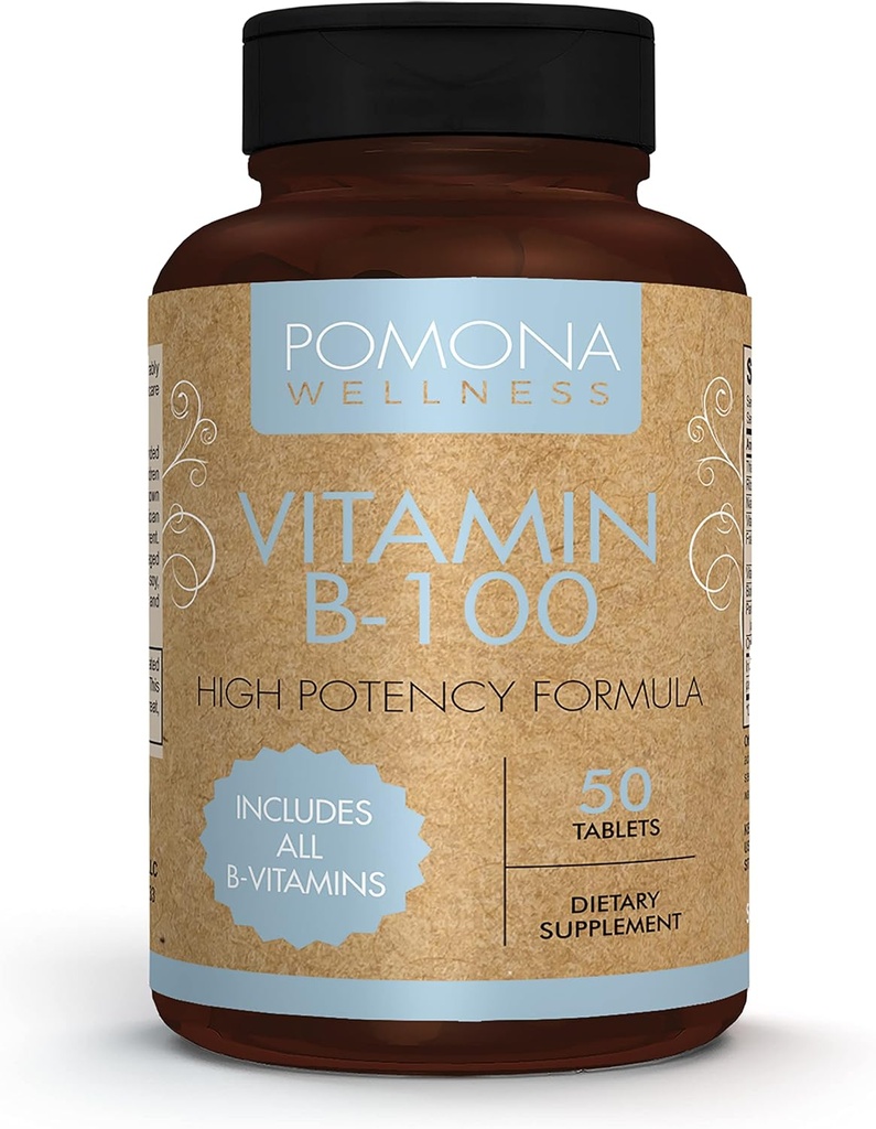 Pomona Benessere Vitamina B supplemento complesso con acido folico, Multivitamina ad alta potenza, tutte le 10 vitamine B Comprese B12, Supporta livelli di energia, salute del cuore, non OGM, 50 compresse