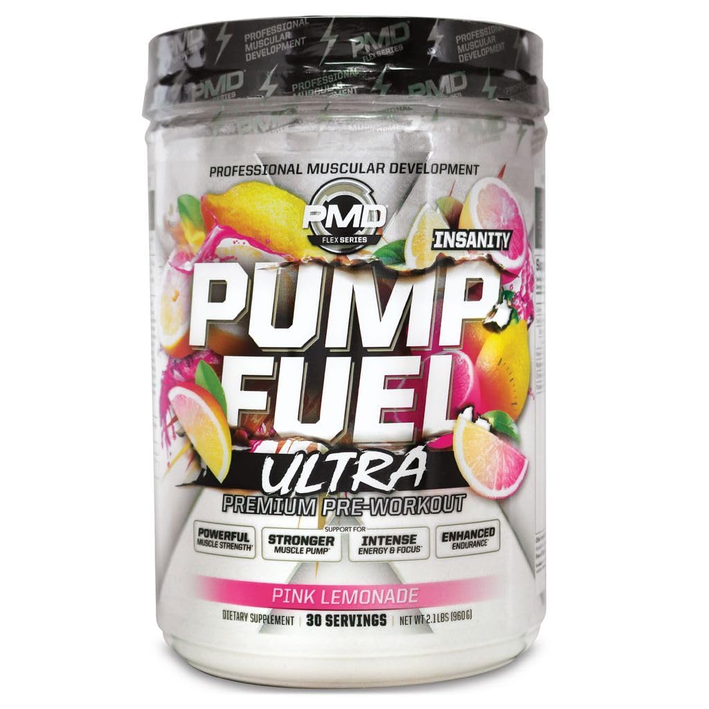 Pompa sportiva PMD Fuel Ultra Insanity - Premium Pre Workout Powder & Muscle Pump, Maggiore messa a fuoco, Endurance & Recovery, Creatina Premium, Arginine & Beta Alanine - Limonata rosa (30 Serve)