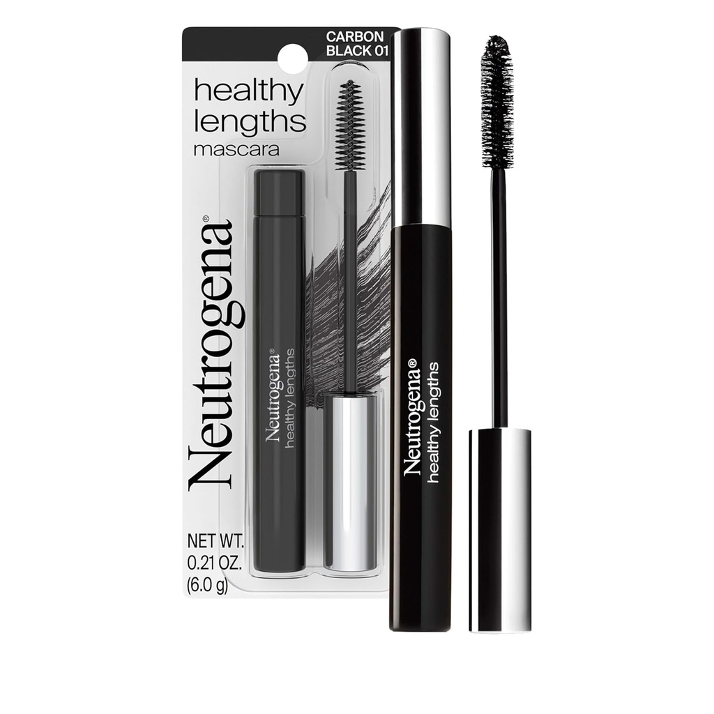 Neutrogena Healthy Lunghezze Mascara - con Vitamina E & Olio d'oliva, Formula di allungamento Estende il look delle tue ciglia fino al 100% senza goffratura, Flaking o Smudging, Carbon Black 0.21 oz