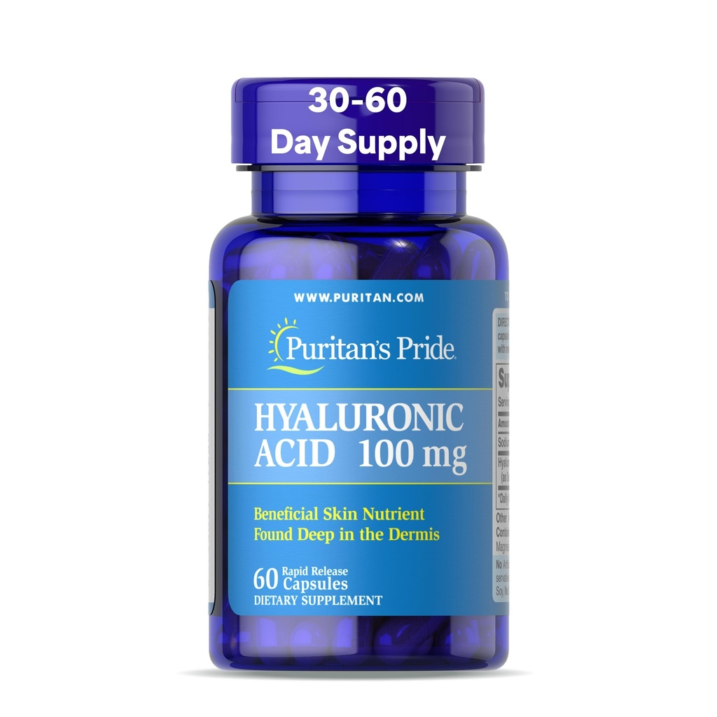 Puritans Pride acido ialuronico 100mg, integratore alimentare per l'idratazione della pelle, 60 capsule di rilascio rapido