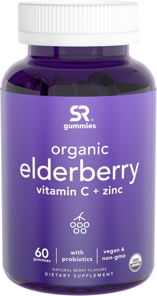 Concentrato di Gummies di Elderberry (65:1) con vitamina C, Zinc & Probiotics per il supporto immunitario & Gut Health | USDA Organic, Vegan Certified & Non-OGM Verified (60 Vegan Gummies)