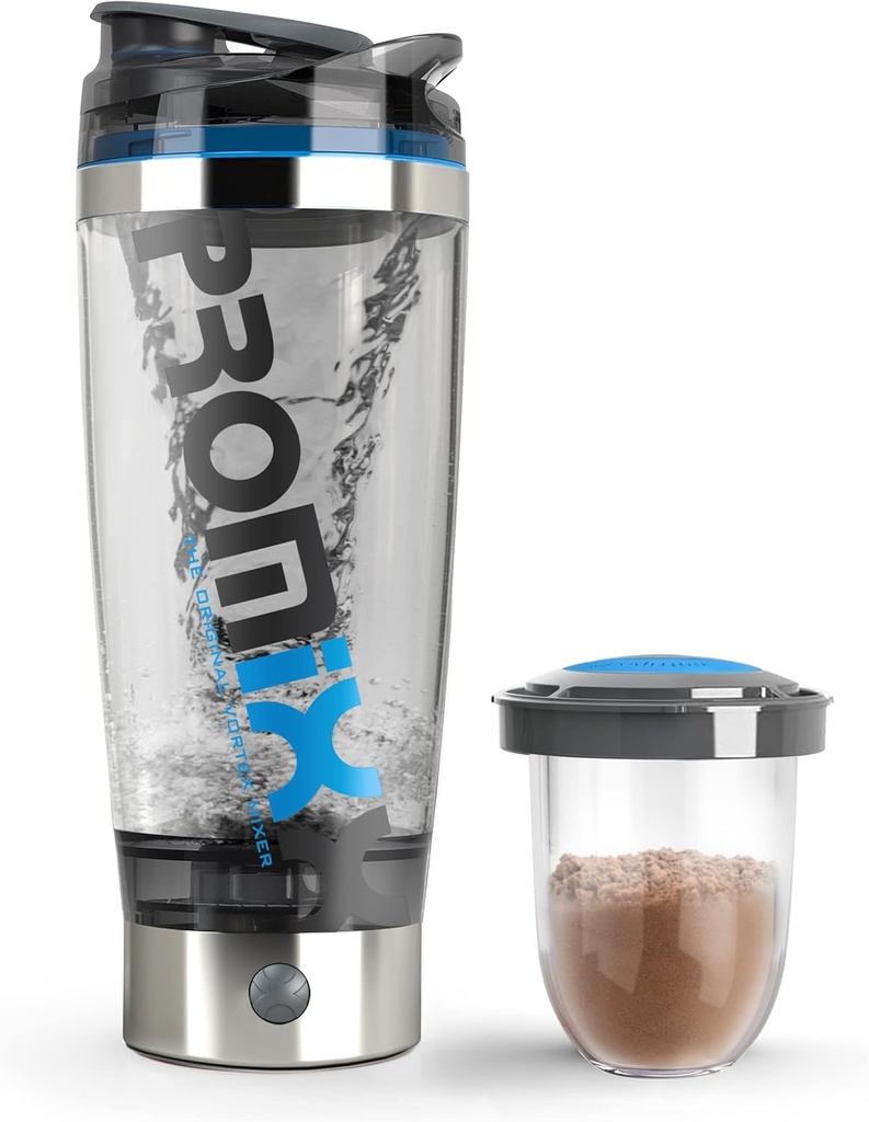 Promixx Pro Shaker Bottiglia (iX-R Edition) | Ricaricabile, Potente per Smooth Protein Shakes | include Supplement Storage - BPA Free | 20oz Cup (Silver Blue/Gray)