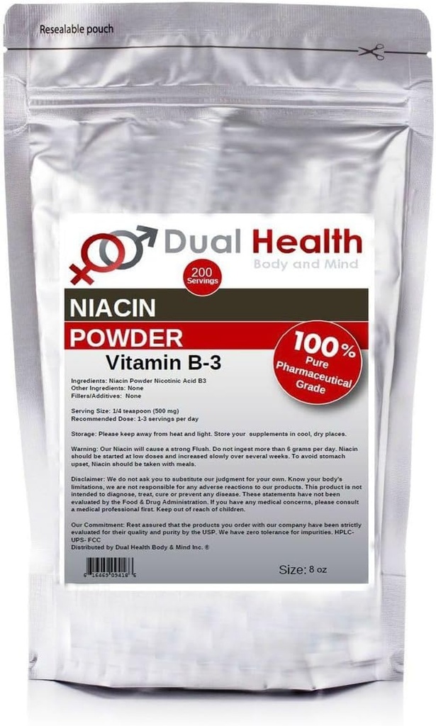 Niacin Polvere (8 oz) Vitamina B3 Bulk Supplemento immediato rilascio niacina con acido nicotinicotinico Flush Non OGM, Vegan, Gluten Free Company Assorbimento veloce No OGM, Filler, Additivi o metalli pesanti