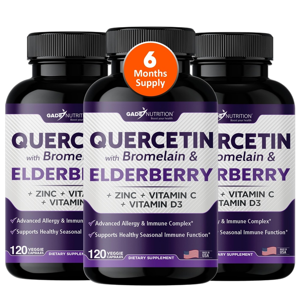 Gade Nutrition Quercetin with Bromelain & Elderberry | Quercetin with Vitamin C and Zinc | Zinc Quercetin 500mg with Vitamin D3 | Daily Immune Support Supplement - 6 mesi di fornitura