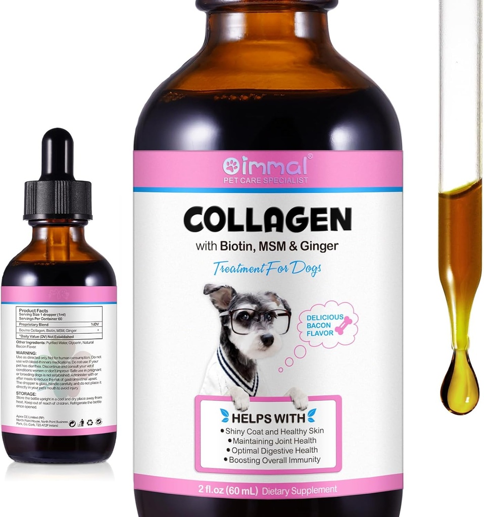 Liquid Collagen per cani - Natural Dog Liquid Collagen Skin e Coat - Supporta Dogs Itch Relief e Joint Health - Bacon Flavor / 2.02 Oz