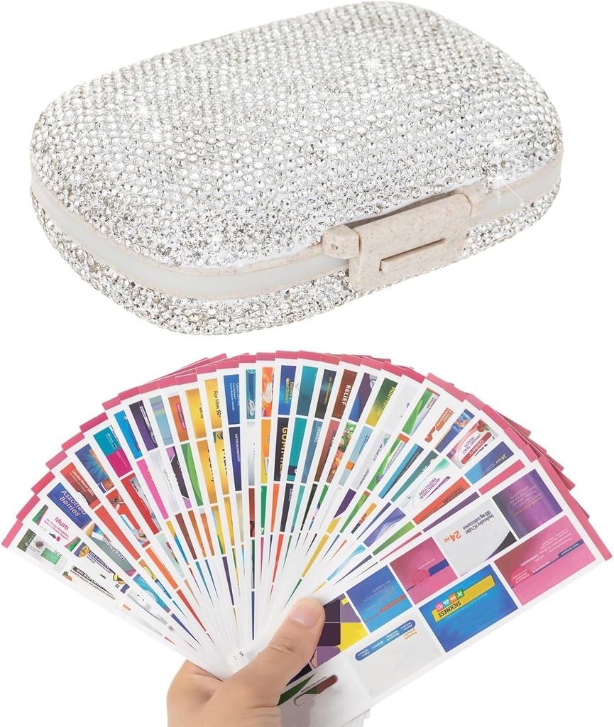 Organizzatore di pedaggio con etichette Bling Pocket Pill Case con adesivi Kit di Medicina di viaggio Holder Small Purse Pill Box Contenitore Mini stoccaggio portatile di farmaci (bianco e 300 etichette)