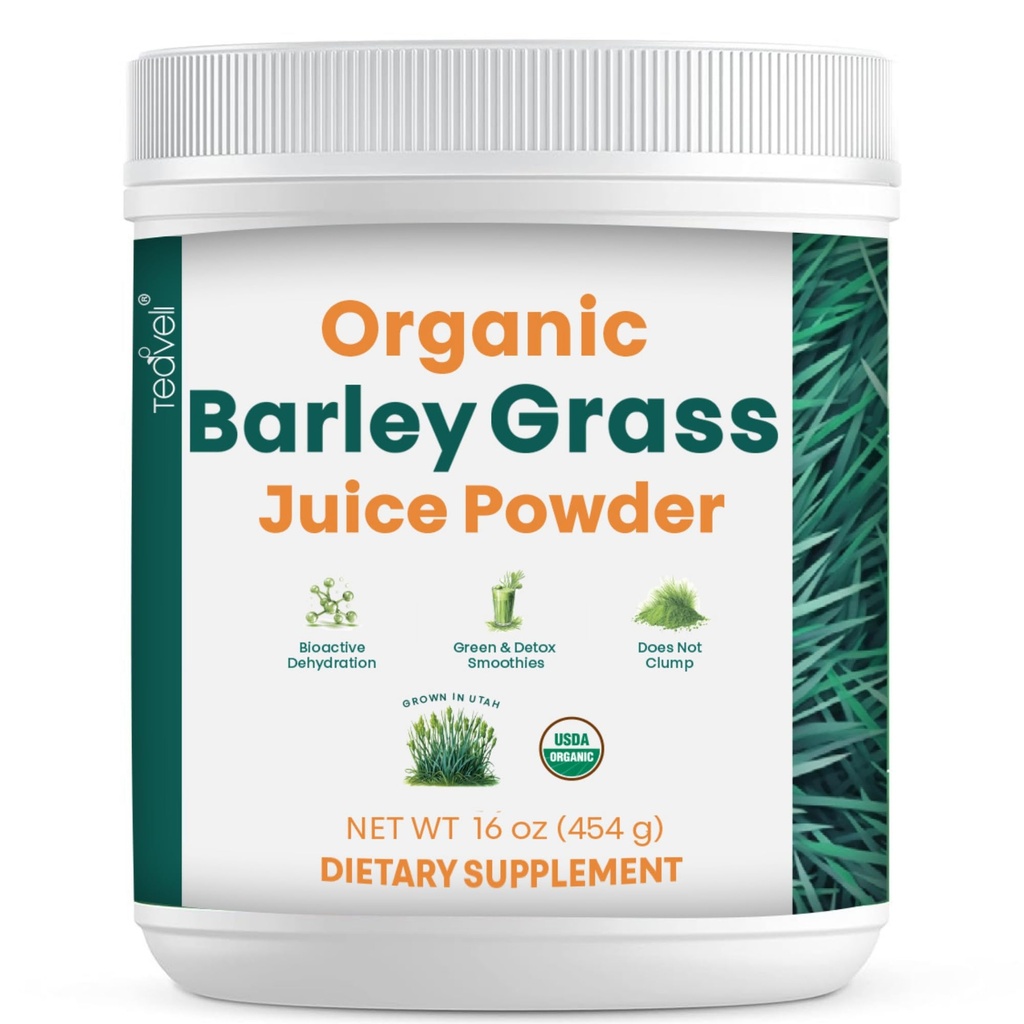 Teaveli Organic Orzo Grass Succo Polvere- Cresciuto e raccolto nel terreno fertile Utah - 16 once (454 Grammi)