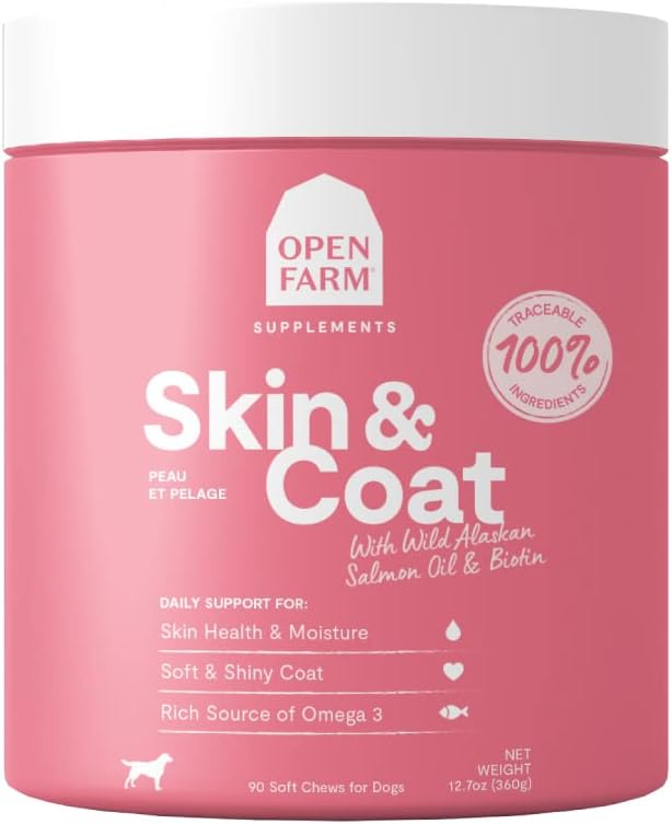 Open Farm Skin & Coat Chews, Supplemento per cani, Vitamine per cani, Supporta un Morbido e Shiny Coat utilizzando ingredienti Traceable e Vet-Approved, 12.7 oz, 90 Conte