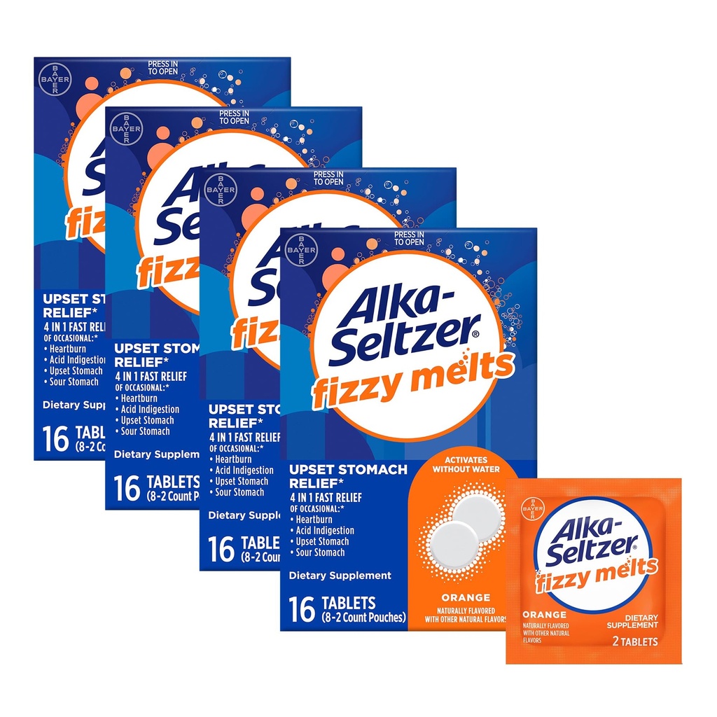 Alka-Seltzer Fizzy Melts, Sciogliere sulla lingua, Non ha bisogno di acqua, On-The-Go compresse dietetiche supplemento Antacid, per il sollievo di bruciore occasionale e l'indigestione acida*, aroma d'arancia, conta 64
