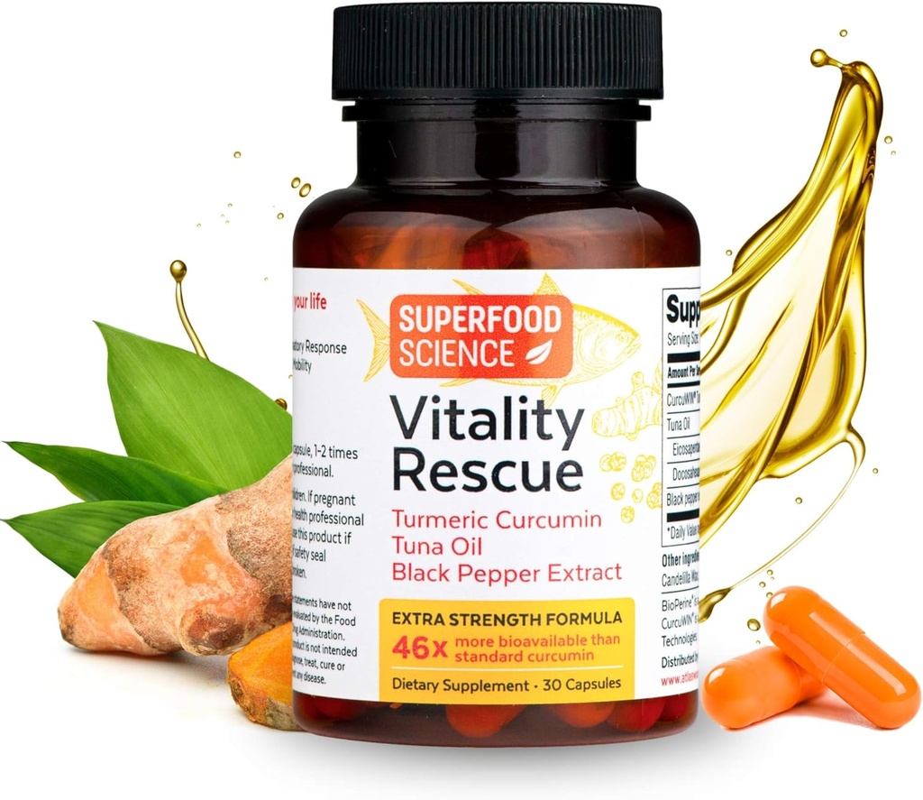 Vitality Rescue, Fish Oil DHA EPA Omega 3 e supplemento curcuma w/Bioperine, CurcuWin 46X Absorption Curcuin superiore per sostenere il recupero di allenamento, Joint, Muscle, Cardio & Brain Health, 30 capsule