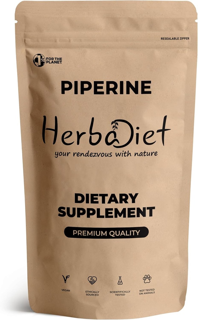 Herbadiet Piperine 95% Polvere | Polvere nera estratto di pepe 95% da Hplc | Bioavailability Enhancer, Boosts Nutrients Uptake| Gluten Free, Non-GMO Bulk Supplement (0.35 oz / 10 gm)