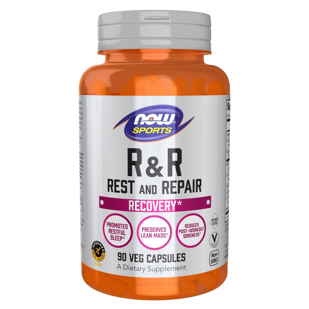 NOW Foods Sports Nutrition, R&R Rest and Repair, Recovery*, Promuove il sonno riposante*, Preserve la massa magra, Riduce il dolore post-allenamento*, Vegan, NGMO, 90 capsule di veg