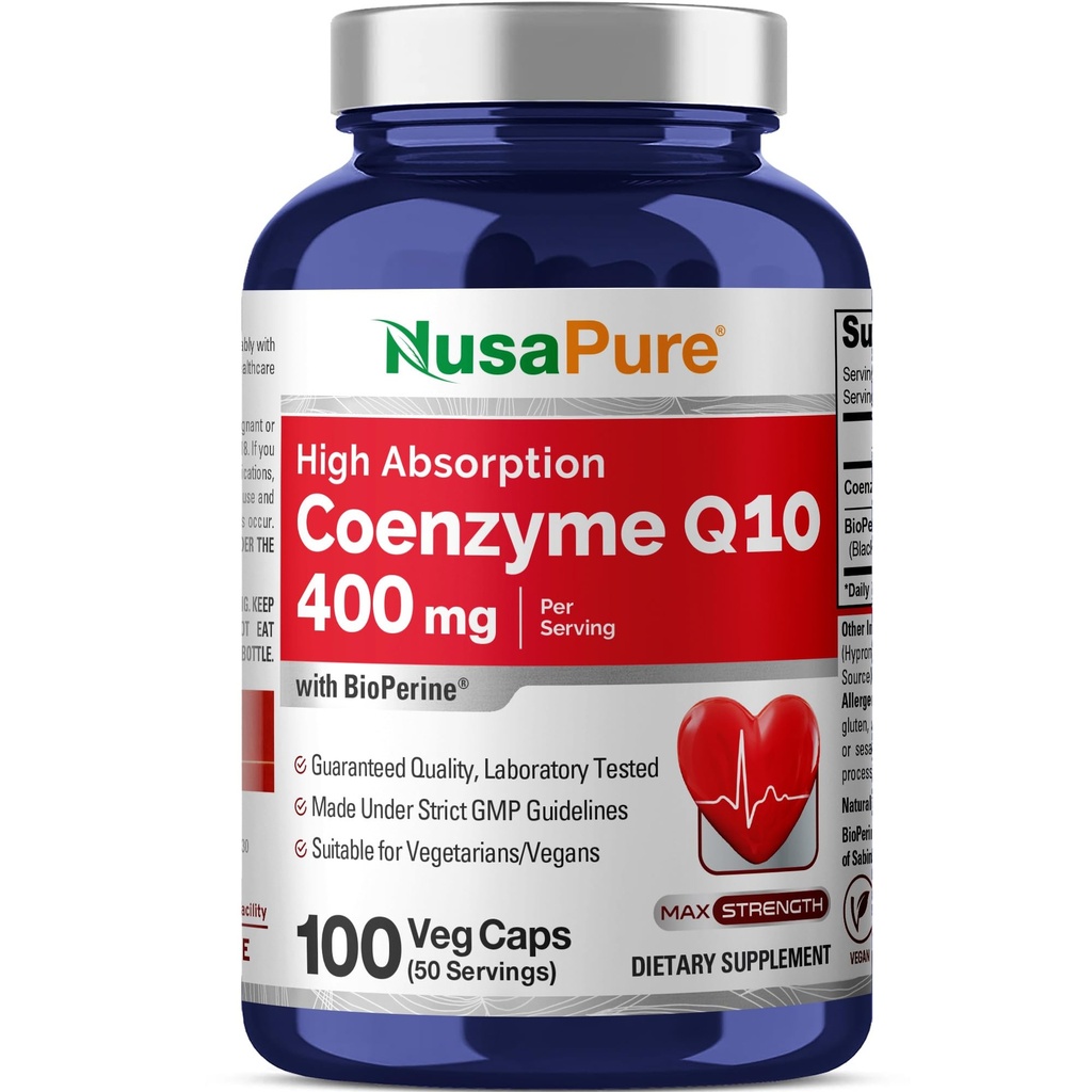 NusaPure CoQ10 400mg 100 Caps Veggie (Vegan, Non OGM) Coenzyme Q10 Supplemento, Antiossidante COQ-10 Enzime, Coq 10