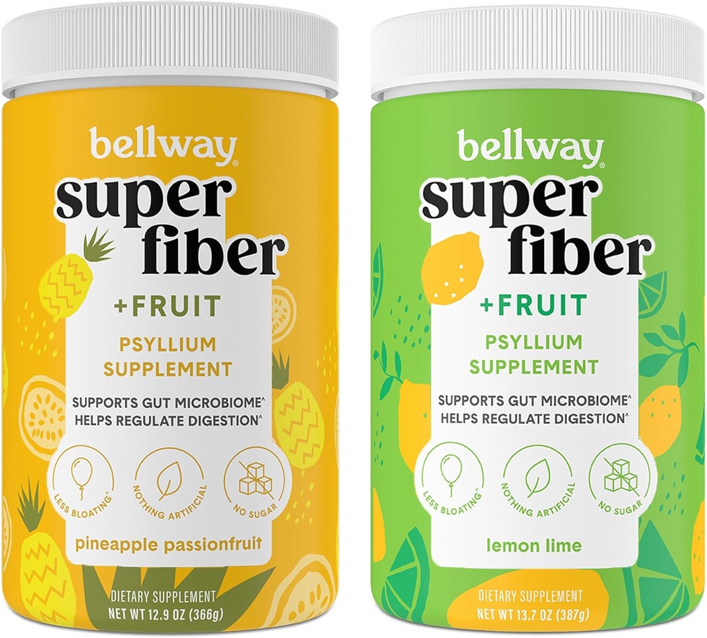 Bellway Super Fiber Powder + Frutta, Sugar Free Organic Psyllium Husk Powder Fiber Supplemento per Regolarità, Bloating Relief & Gut Health, Non OGM, Ananas Passion Fruit & Lemon Lime
