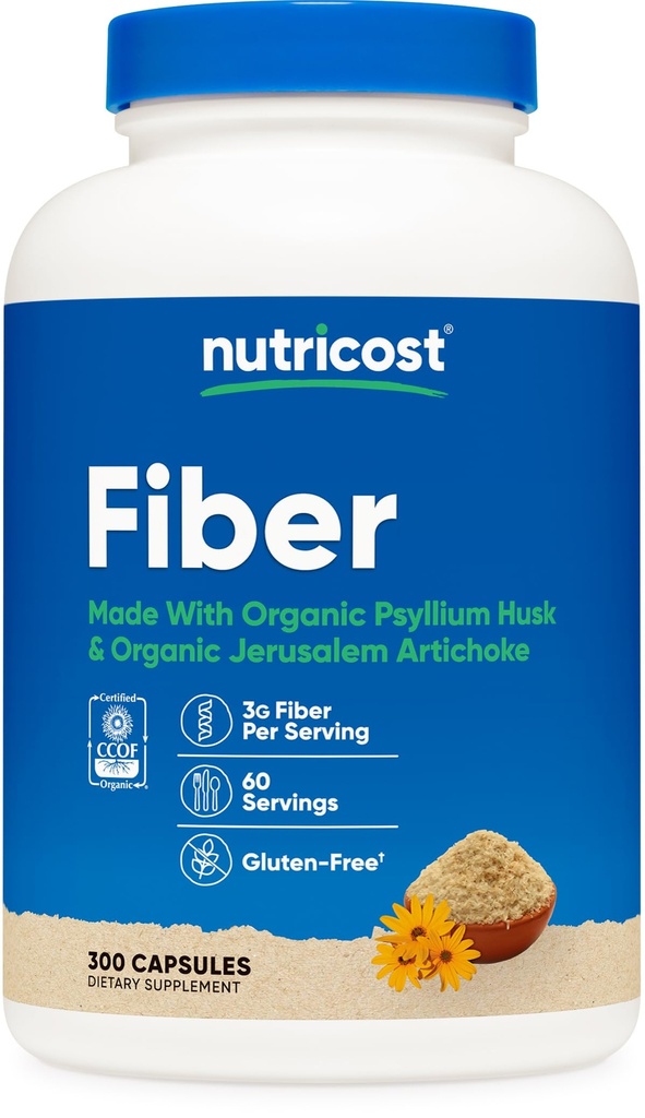 Capsule Nutricost Fibra con Supplemento Prebiotico Fibra 300 Capsule - Realizzati con Organic Psyllium Husk & Organic Jerusalem Artichoke, 60 Serve, Gluten Free, 3 G Per Serving