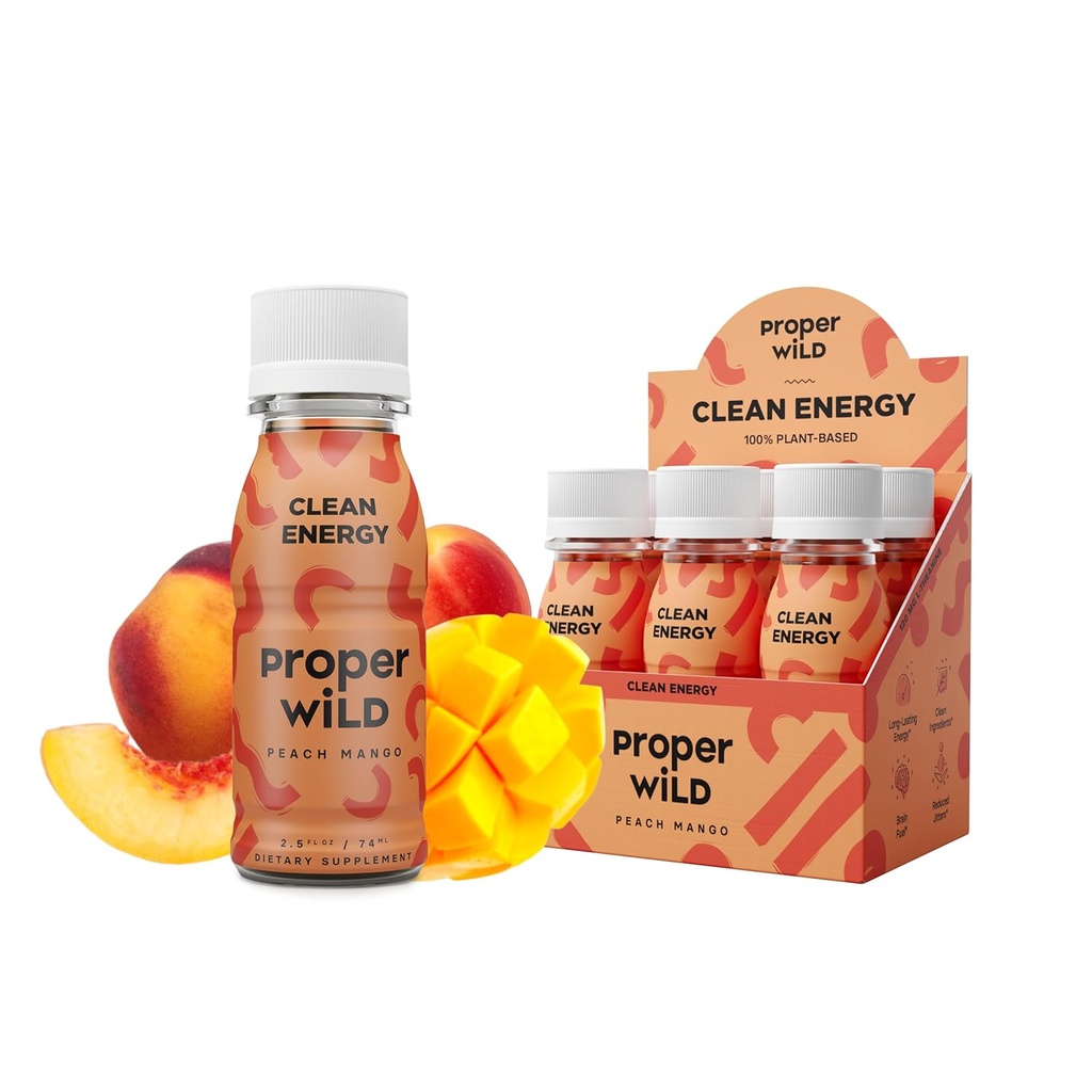 Proper Wild Vegan Energy Shots, con L-teanina e caffeina organica, Clean Plant Based Energy Drink, senza glutine, GMO-Free, Dairy-Free, Stevia-Free, Soy-Free, Peach Mango, 2.5 Fl Oz, 6 Pack