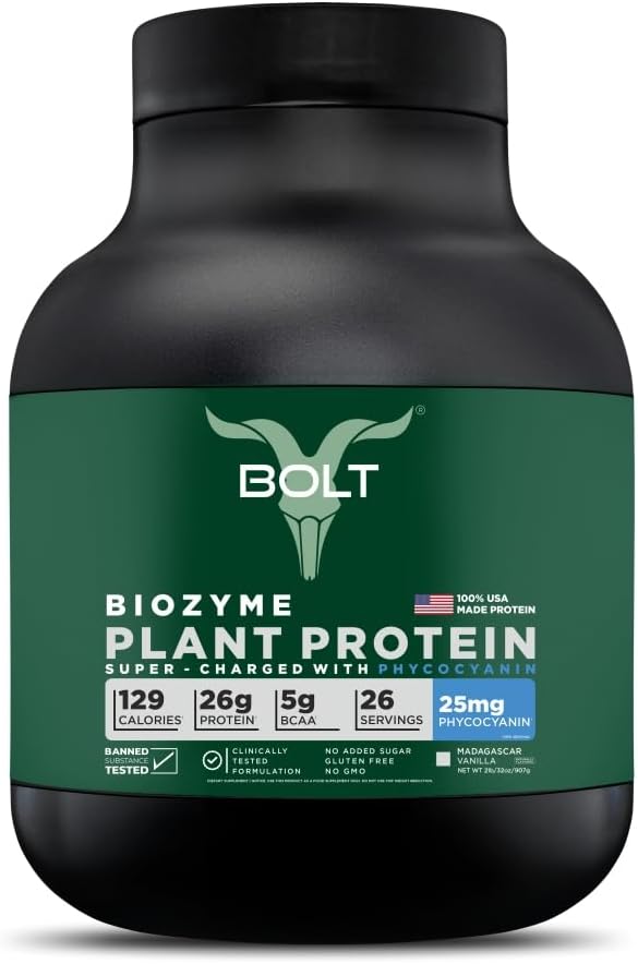 Bolt Biozyme Plant Protein | Vegan Protein con Superfood Phycocyanin e Ayurvedic Herbs | Profilo Aminoacido completo per il supporto muscolare e il recupero | 2Lb/32oz, 26 Serve | Madagascar Vanilla