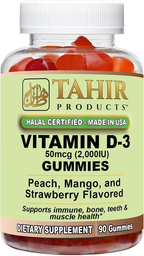 Tahir Halal Vitamin D3 2000 IU Gummies – Supporta Bone & Immune Health, Promuove la funzione muscolare, senza glutine, senza gelatina, 90 Gummie Natural Fruit Flavor, Made in USA – Certificato Halal