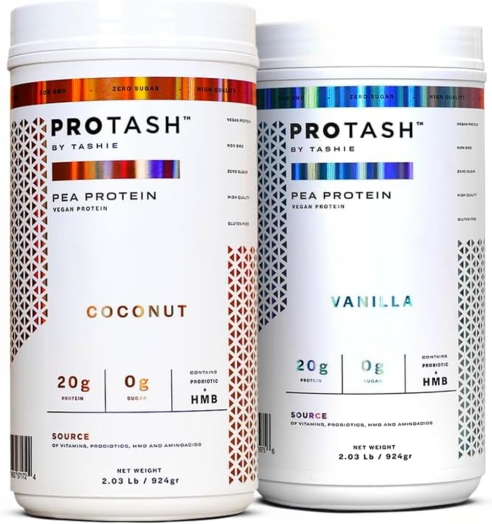Confezione da 2 | Vegan Protein Powder di TASHIE, 20g Pea Protein per Uomini e Donne, Non OGM, Zucchero Zero, Contiene Probiotici & HMB (Vanilla & Coconut)