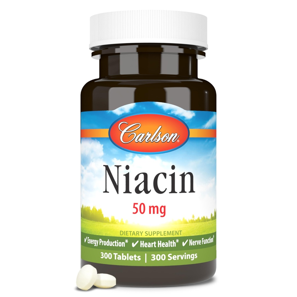 Carlson - Niacin, 50 mg, Supporta Metabolismo del colesterolo, Produzione di energia, Salute del cuore, Funzione di Nerve, 300 compresse