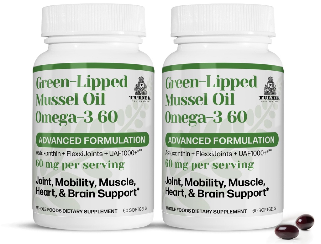 TURNER Nuova Zelanda Verde Lipped Omega-3 Mussel olio, 53x maggiore potenza con UAF1000+ Super Antiossidante, No Pesceso Aftertaste, 2 bottiglie, 120 Softgels