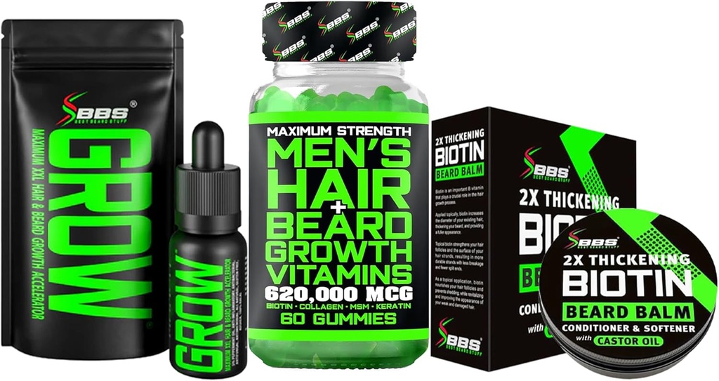 Kit di crescita del Beard w/ 2X Balm del cuscinetto della biotina per la cera degli uomini & Mustache + Crescere il siero di Mustache e l'olio dei capelli facciali + 14-in-1 Biotin Gummies & Vitamine di crescita dei capelli per gli uomini - formulato in America