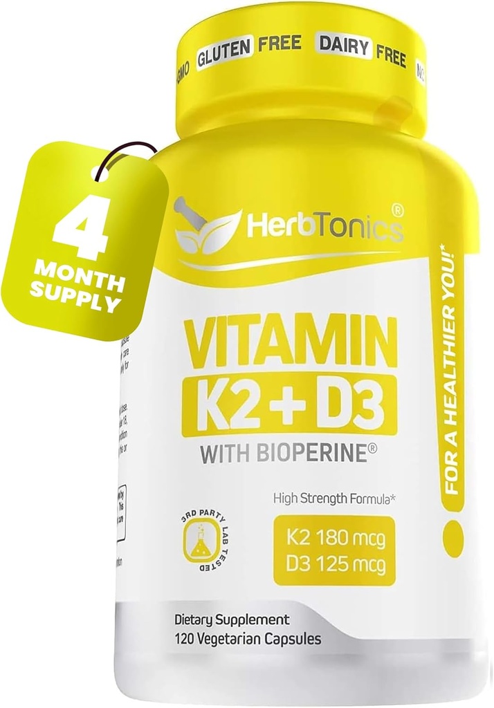 Sistema immunitario Vitamina K2 (MK7) con D3 5000 Iu Supplement + Bioperine (pepe nero) | Forti Bones & Heart Health | K2 D3 Complex | Facile da ingoiare 120 capsule di veg