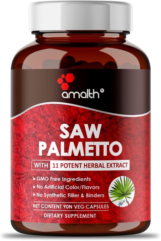 AMALTH Premium Saw Palmetto Capsule- Extra Forza Formulato con Ashwagandha, Tribulus, Ginger, Maca, Sacro Basilio e Più Natural Prostate Support, 90 Capsule